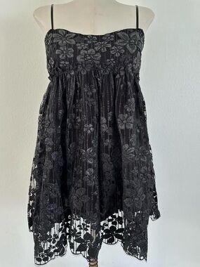 Free People Black Lace Floral Spaghetti-Strap Mini Dress